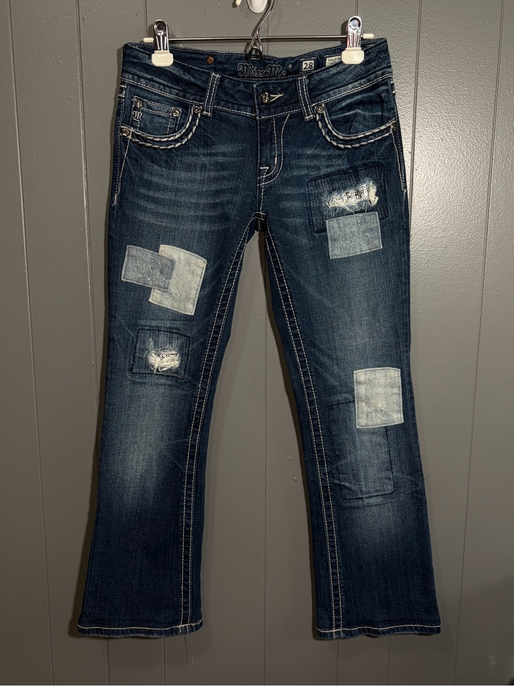 Miss Me Size 28x28.5 Patchwork Boot Cut Dark Wash Mid Rise Jeans